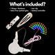 Complete rainbow LED face sticker package with controller batteries and instructions showing what's included for festival light-up costume accessories