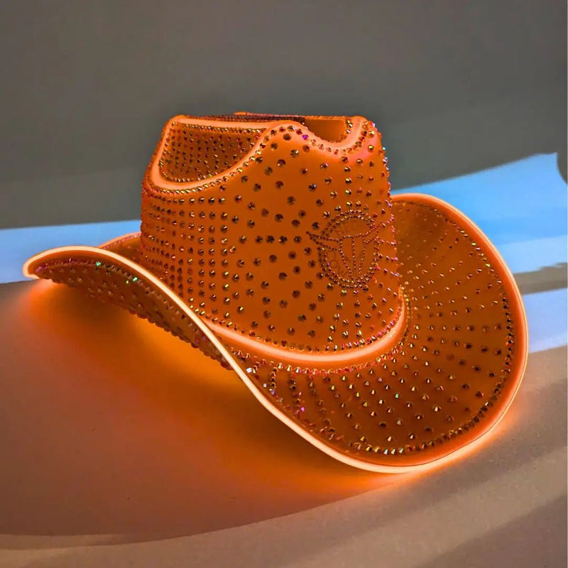 Orange glowing rhinestone LED cowboy hat with crystals and lit brim edge, Orange LED crystal-covered cowboy hat, Premium light-up accessory for Texas Longhorn Tailgates, sororities, birthday celebrations, rodeo performances, and western themed parties, light up cowboy hat, neon cowboy hat, Neon Cowboys