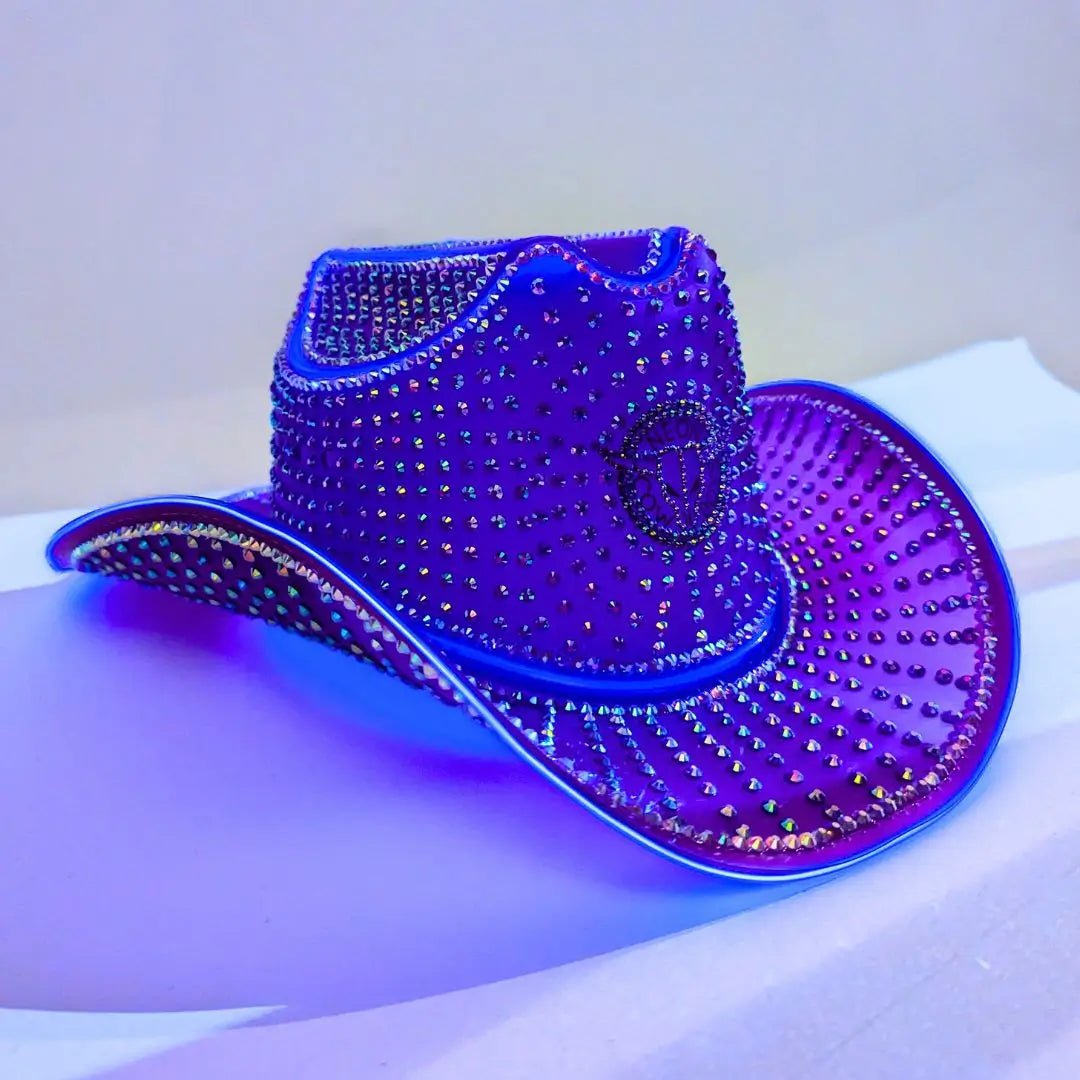 Purple LED rhinestone cowboy hat in dark setting - Custom illuminated party hat for nightlife, glow parties, Tomorrowland, and VIP section accessories