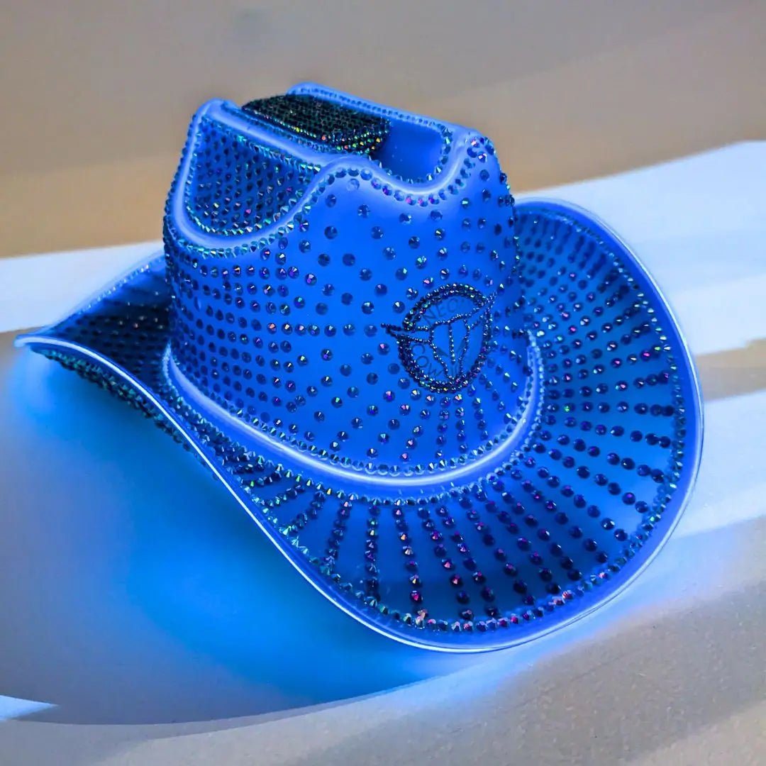 Woman with blue crystal-adorned light-up hat - Trendy illuminated rave headwear for music videos, Bonnaroo, dance performances, and influencer marketing
