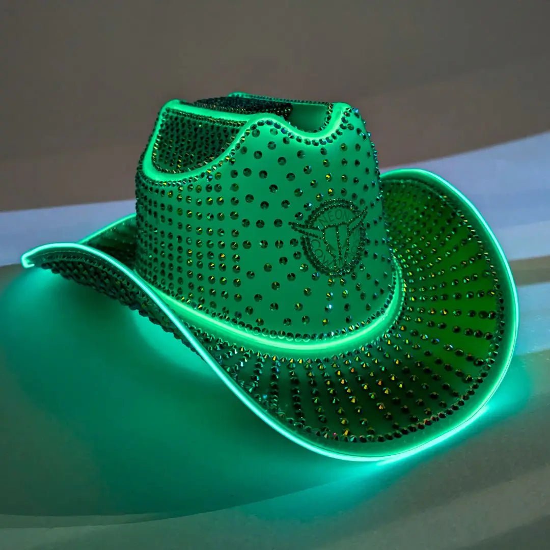 Green rhinestone LED cowboy hat front view - Premium illuminated festival piece for St. Patrick's Day, outdoor concerts, glow-in-the-dark events, and stage appearances