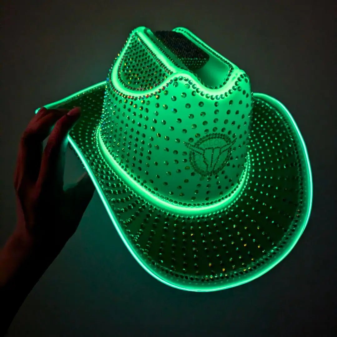 Green rhinestoned LED cowboy hat in daylight - Premium illuminated headpiece for summer festivals, daytime raves, fashion editorials, and stylists