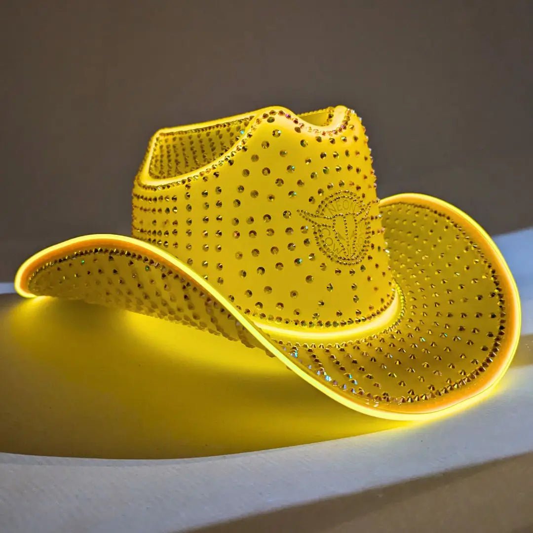 Yellow crystal cowboy hat with LED glow effect - Custom handcrafted illuminated headwear for award ceremonies, exclusive gatherings, and collectors