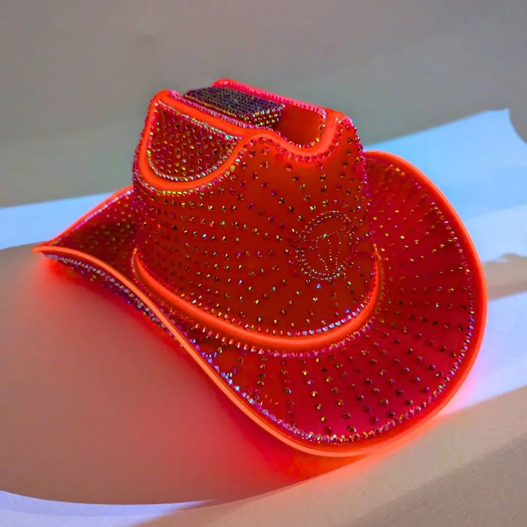 Red rhinestone cowboy hat with illumination - Luxury glowing headpiece for Halloween raves, sunset festivals, celebrity endorsements, and high-profile events