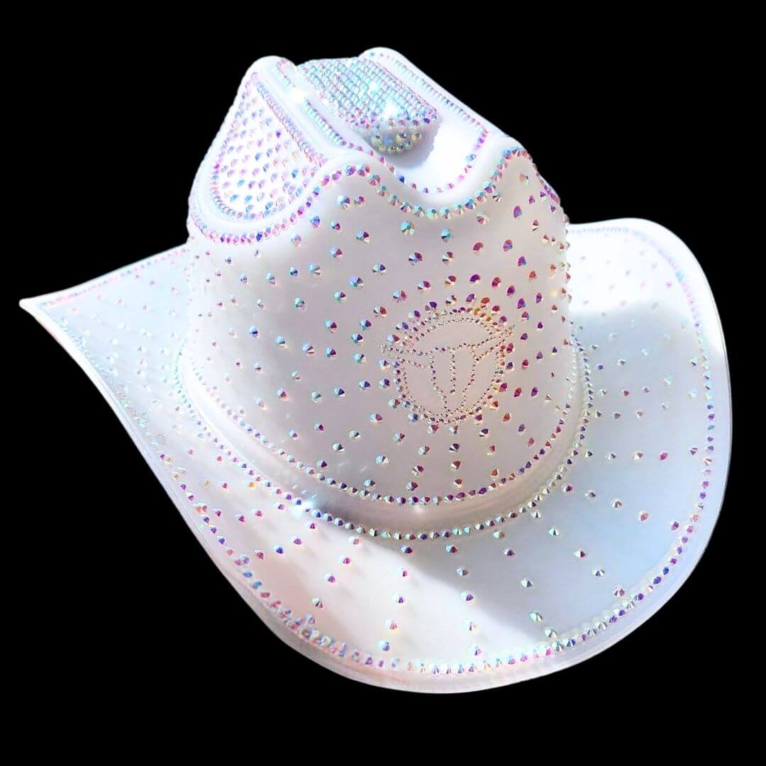 White crystal-adorned light-up cowboy hat - Exclusive illuminated headwear for winter wonderland events, wedding celebrations, and luxury bachelorette parties