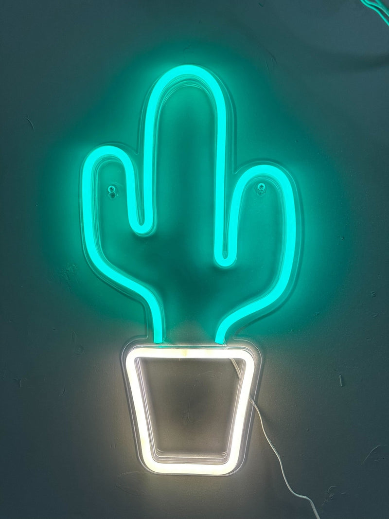 SAMPLE SALE Cactus LED sign, FINAL SALE, Neon Cowboys: teal LED light up cactus neon sign glowing beside a warm white pot, western neon decor and glow wall art for a rave room, desert bachelorette party, or country bar, Neon Cowboys