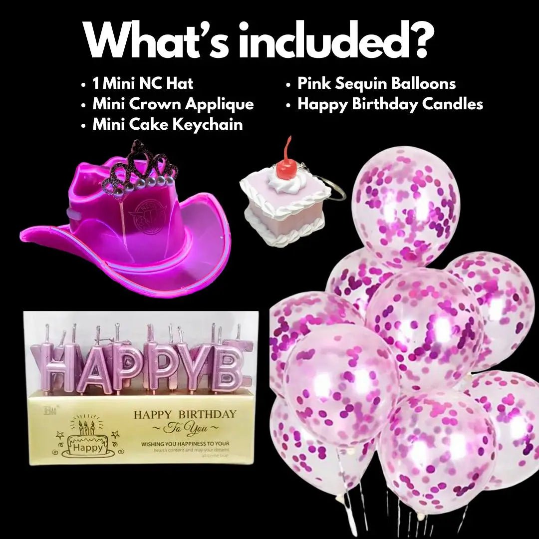 Cowboy Birthday Theme Complete Party Bundle - Pink LED Hat with Crown, Balloons and Candles - Space Cowgirl Birthday Bash Decorations for College Birthday Girl