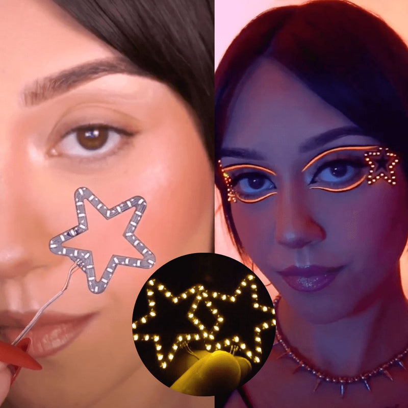 Split image of a woman applying a star face sticker and another wearing it glowing yellow on the cheek, a light-up LED star face sticker and led face jewelry for Mardi Gras, graduation parties, summer festivals and theatrical performances, Neon Cowboys