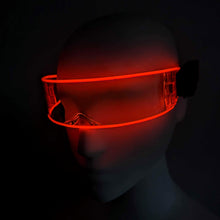 Red LED transparent cyber glasses on display - Vivid illuminated cyberpunk eyewear for robot costumes, hacker-themed parties, tech launches, and dystopian film premieres