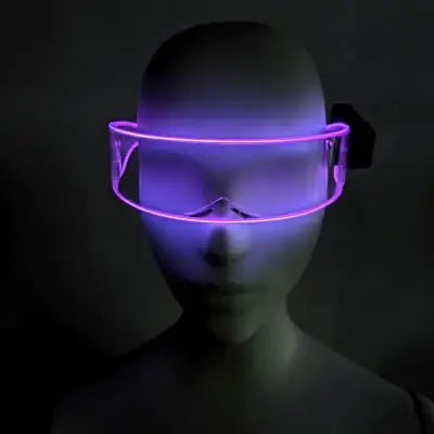 Purple LED transparent cyber glasses on mannequin - Futuristic illuminated eyewear for synthwave concerts, cyberpunk fashion, anime cosplay, and digital art installations