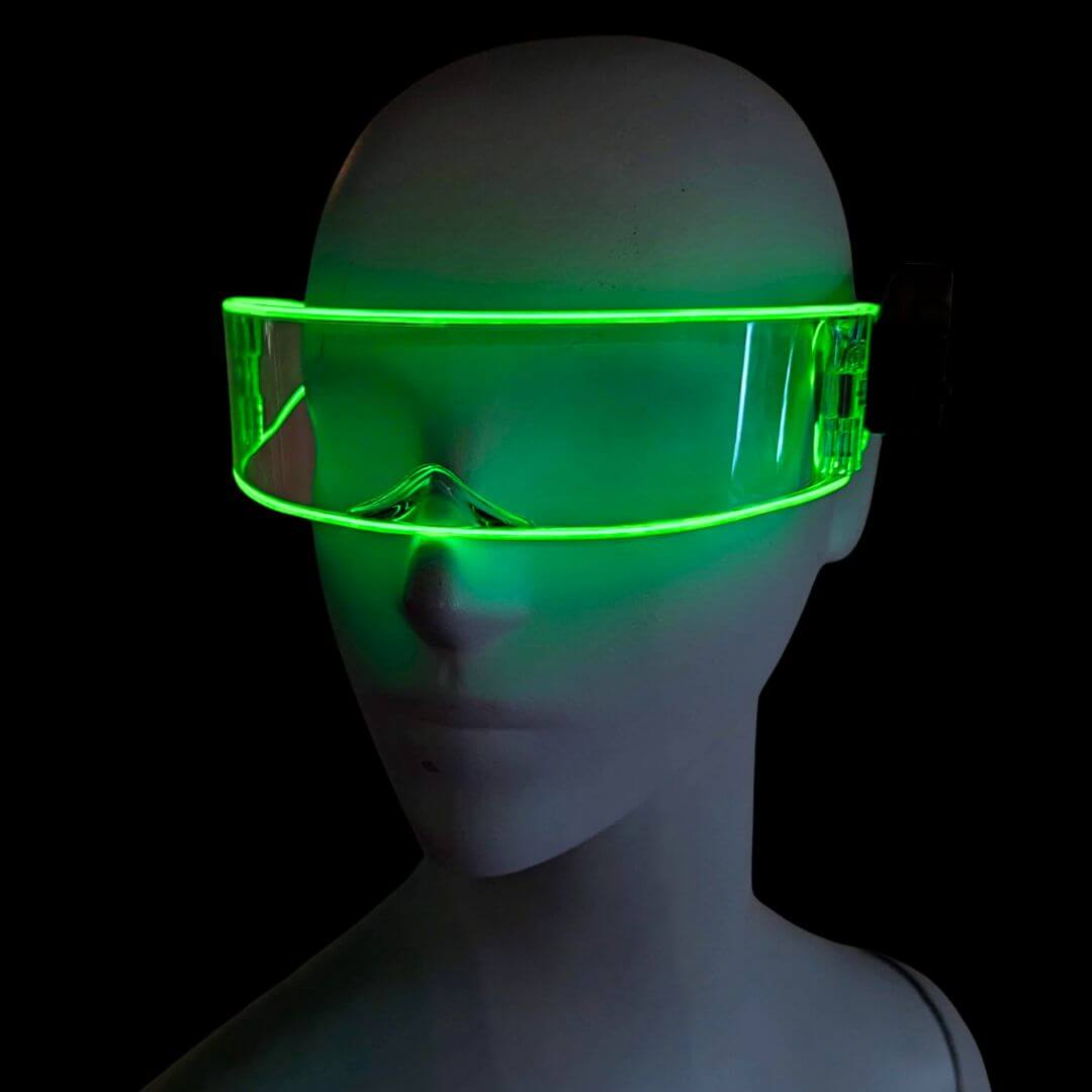 Green LED transparent cyber glasses on display model - Illuminated cyberpunk eyewear for gaming competitions, techno parties, futuristic photo shoots, and DJ performances