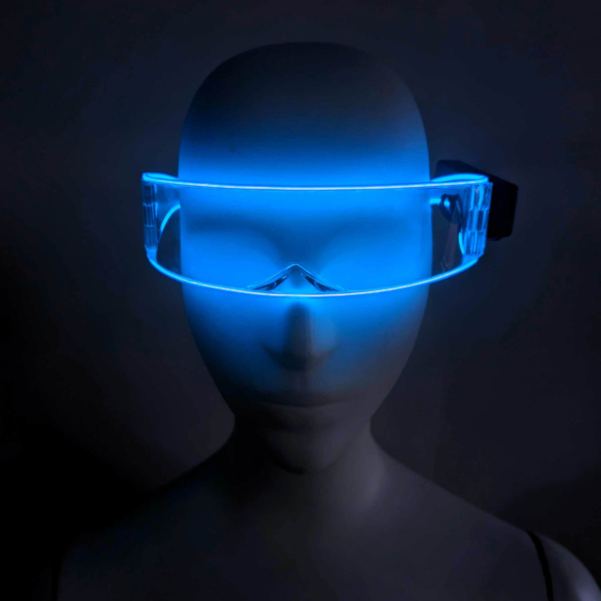Blue illuminated cyber glasses with transparent visor - Glowing LED eyewear for Tron costumes, rave outfits, tech conferences, and virtual reality themed celebrations