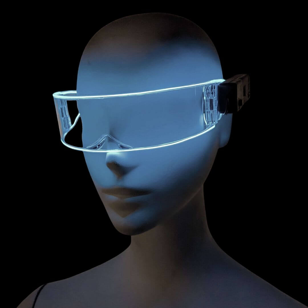 White LED transparent cyber glasses on mannequin - Futuristic light-up eyewear for cyberpunk costumes, anime conventions, EDM festivals, and tech-themed wedding receptions