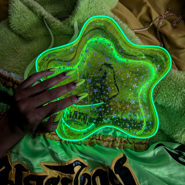 Green Yellow LED Star Purse with Monochromatic Outfit to Match - Green Edgy Light Up Crossbody Bag - Glowing Festival Accessory - Clear Bag Policy for Stadiums Concerts Shows