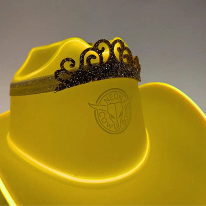 Yellow LED Cowboy Hat Side View - Illuminated Western Party Favor for Western Glam Birthdays - Light Up Festival Fashion Accessory - Crown Cowgirl Birthday Queen
