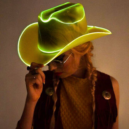 Yellow cowgirl hat with LED lights perfect for country music fans western costume parties and festival fashion celebrations
