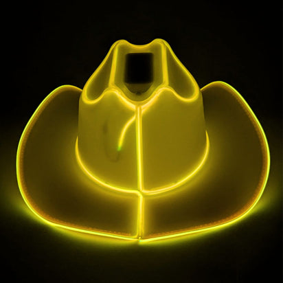 Yellow neon cowgirl hat glowing with LED lights for country music concerts fan outfits and western costume fashion celebrations