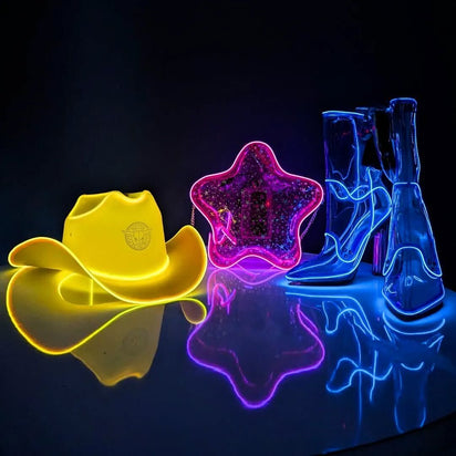 Yellow LED cowgirl hat with lights glowing perfect for country music festivals western costume celebrations and party fashion
