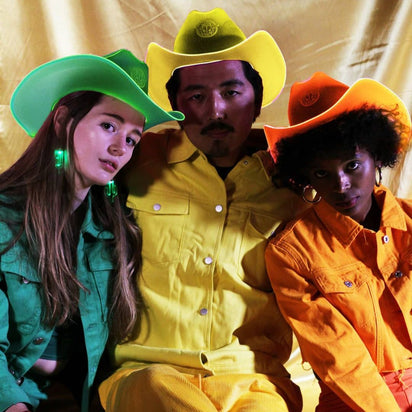 Yellow neon cowgirl hat with bright LED lights ideal for country festivals group photos and western costume party fashion