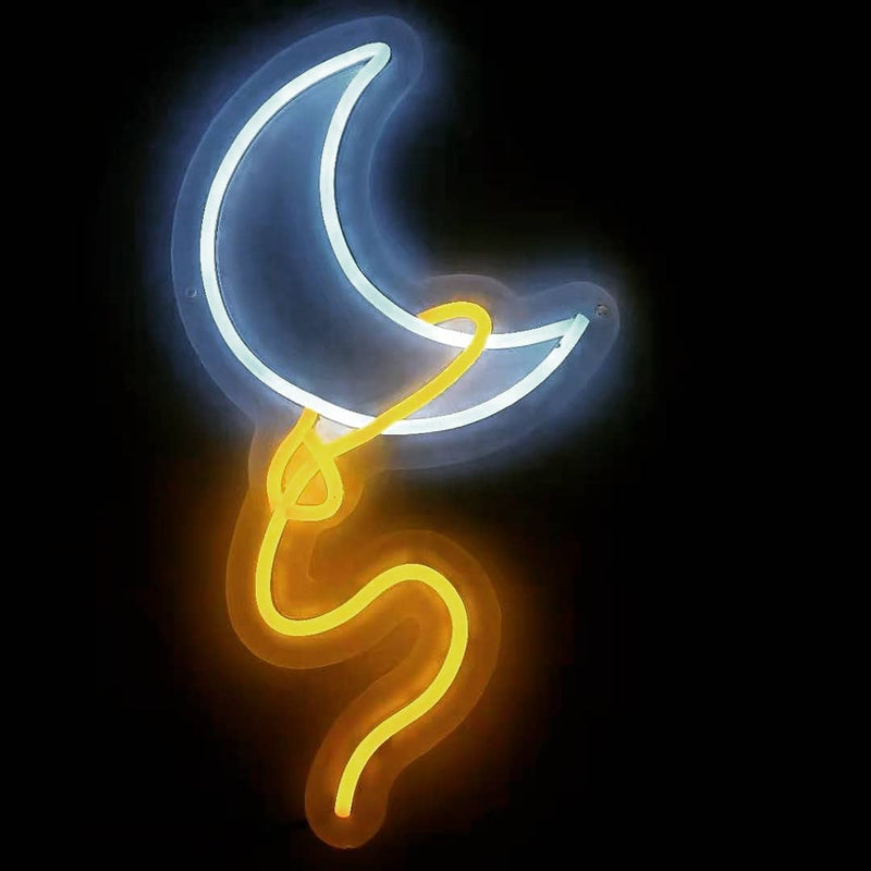 Neon Cowboys Lasso the Moon LED neon sign with a white crescent moon and glowing yellow lasso rope, western light up neon sign wall decor for bars, home decor, dorm rooms and country party backdrops, Neon Cowboys