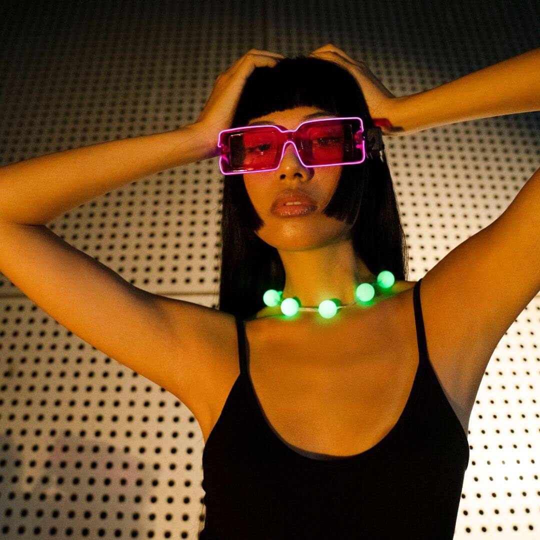 Green LED sphere ball necklace like light up pearls and light up pink party sunglasses - glowing rave accessories for festivals, concerts, clubs, and electronic dance music events