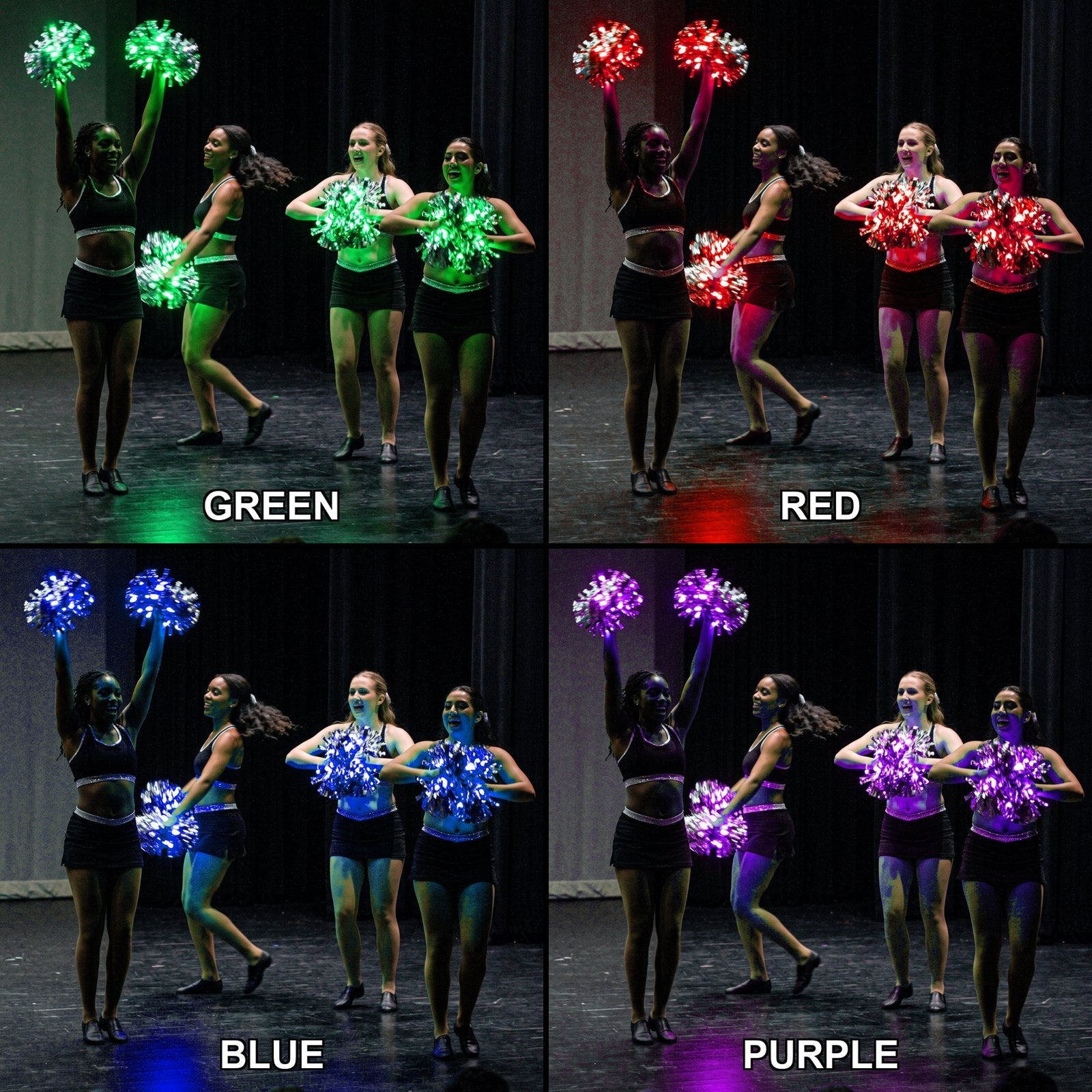 One set of remote color-changing LED pom poms shown in green, red, blue and purple: same squad, same photo