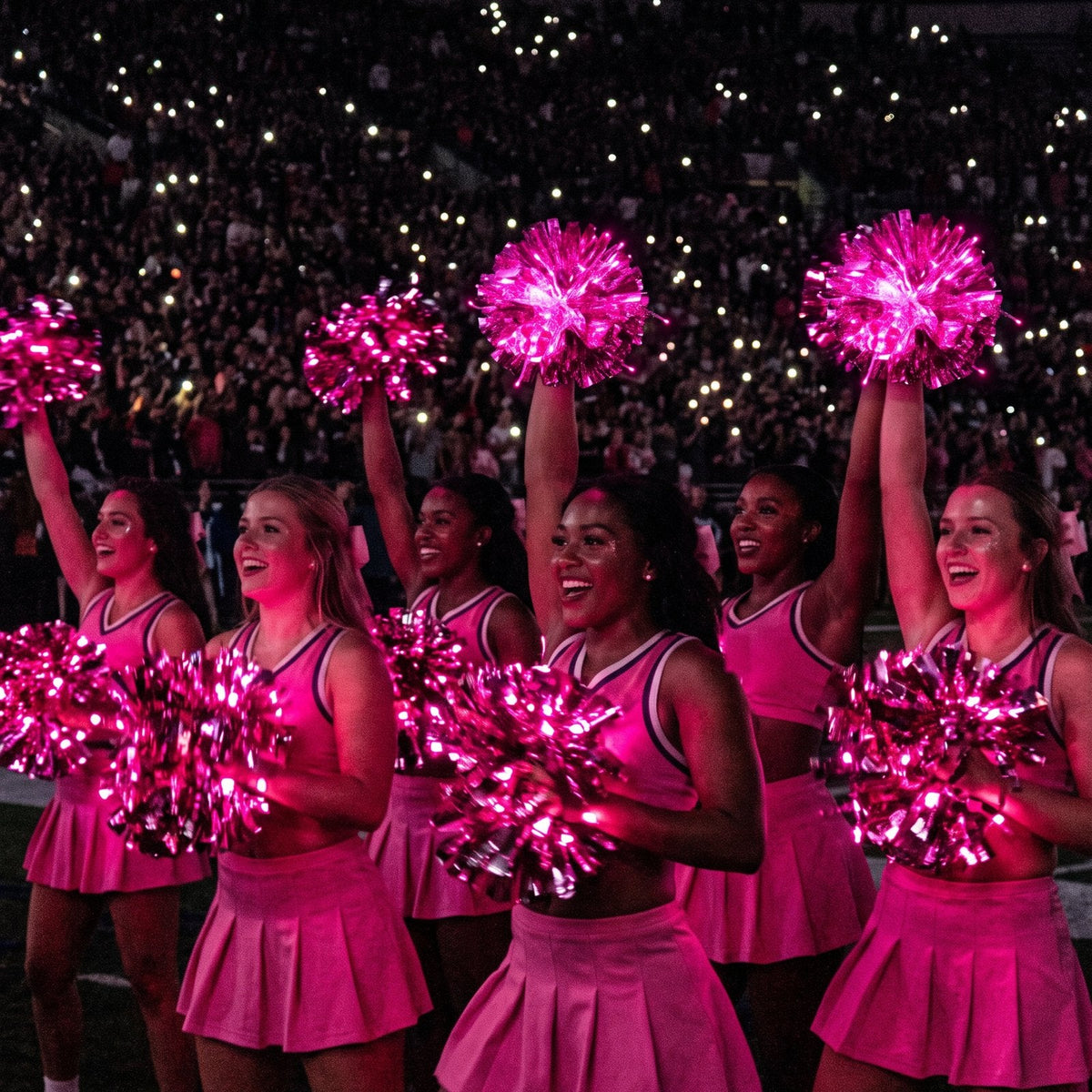 Cheer pom poms for a pink-out night game: a college squad with hot pink light-up pom poms during the light show