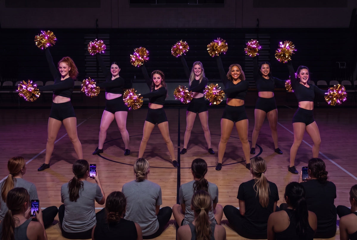 Cheer clinic finale: eight college dancers in black with purple-lit LED pom poms on a dark gym floor as adult attendees film