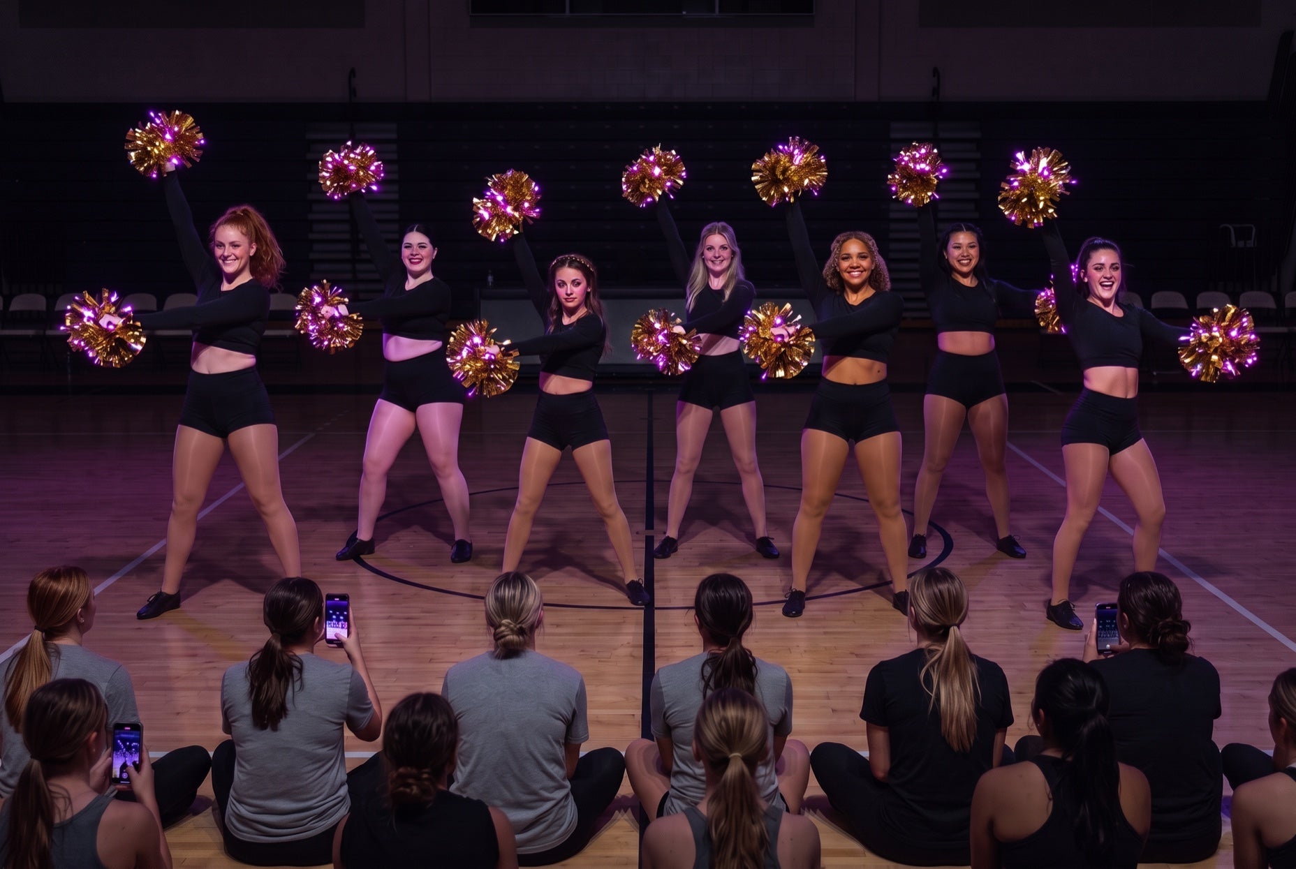 Cheer clinic finale: eight college dancers in black with purple-lit LED pom poms on a dark gym floor as adult attendees film