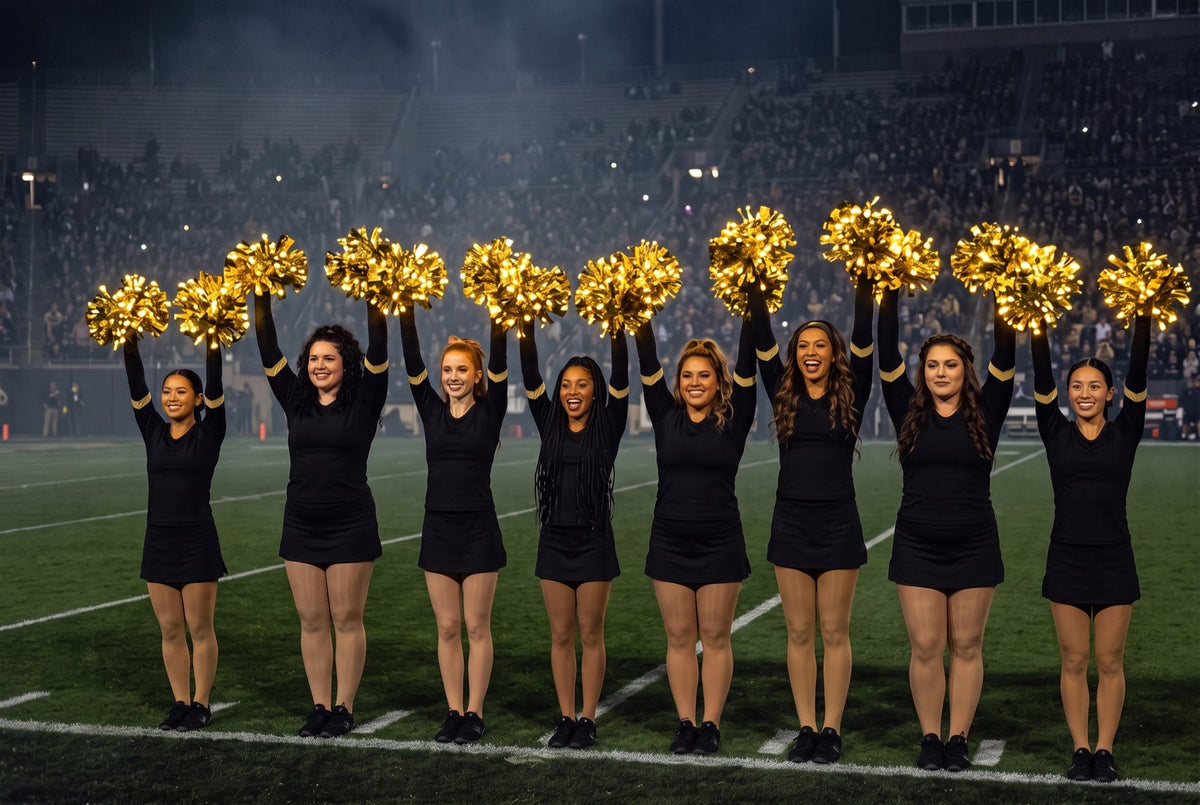 Dance team clinic night: ten college dancers in black raise gold LED pom poms overhead on a dark football field