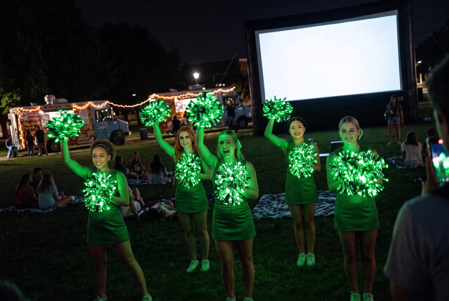 Light up LED pom poms glowing green on a college cheer squad cheering at an orientation night on the quad
