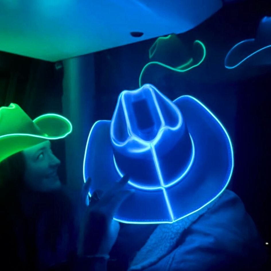 Blue Green Light Up Neon Cowboys Hat - Glowing LED Western Hat - Group Parties Space Cowgirl Birthdays Music Festival Concert