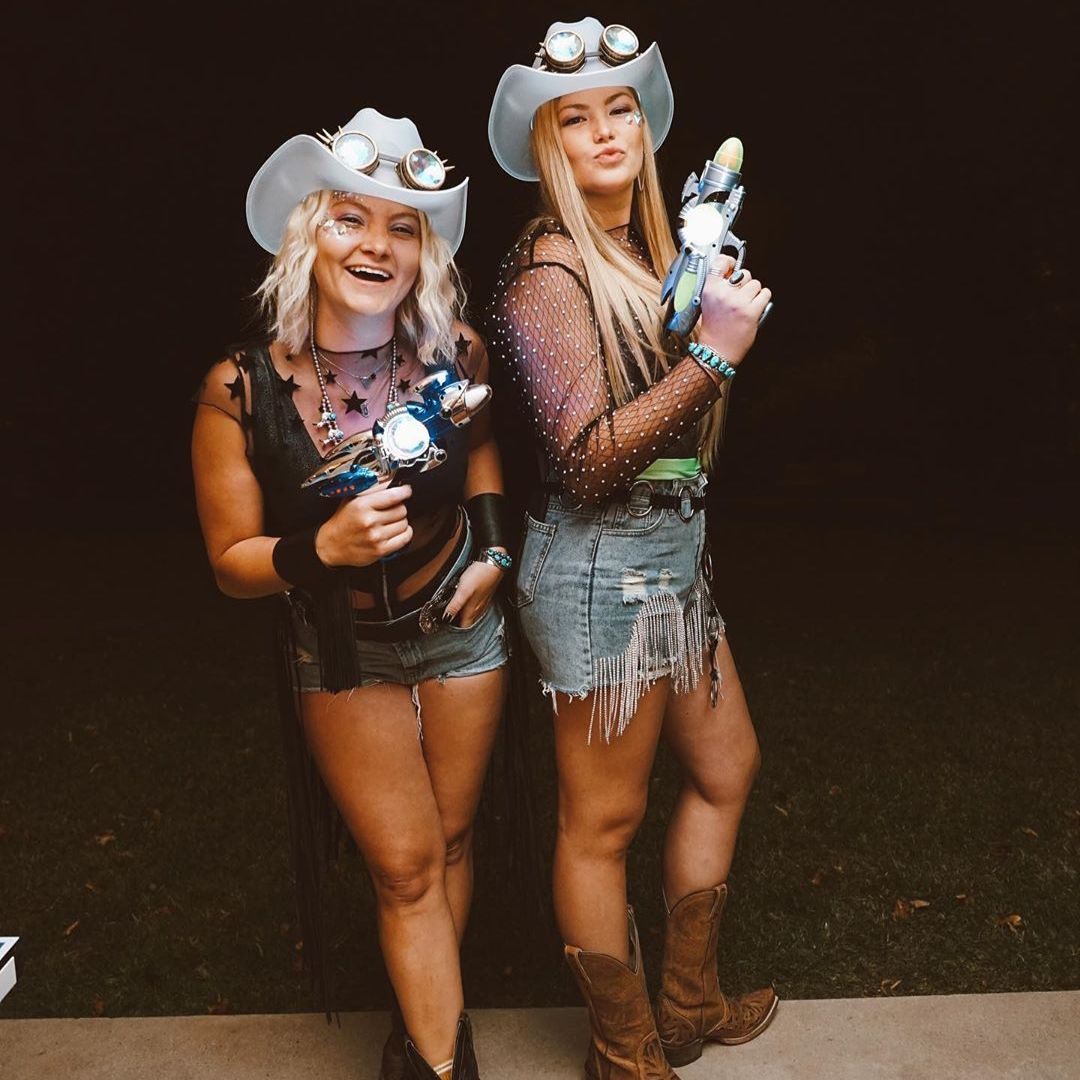 Gray white LED space cowgirl costume hat 2-pack Halloween matching outfits festival fashion and party accessories