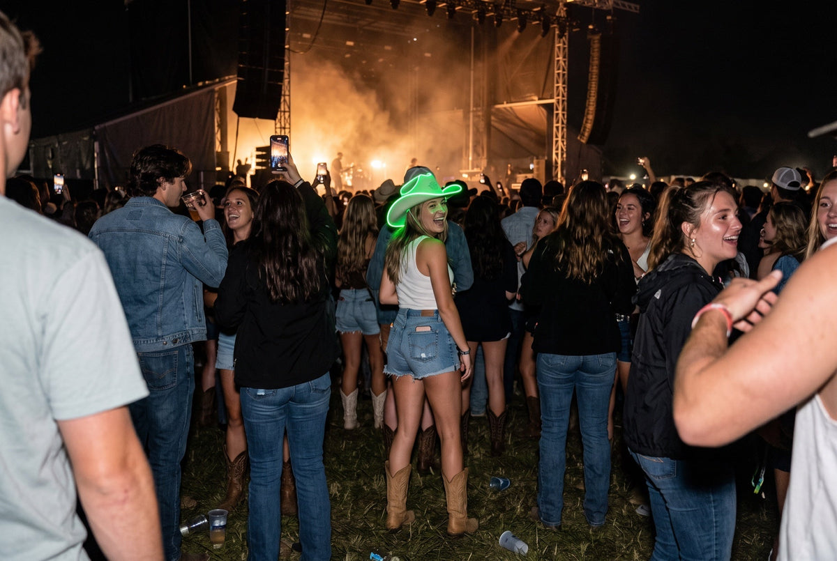 Light up LED cowboy hat glowing green at a night country concert, worn with denim cut-offs and boots