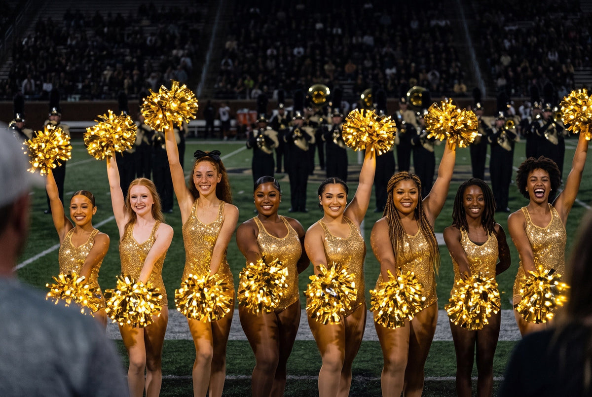 Light up LED gold pom poms glowing on a band dance line in gold sequins in front of the marching band at night