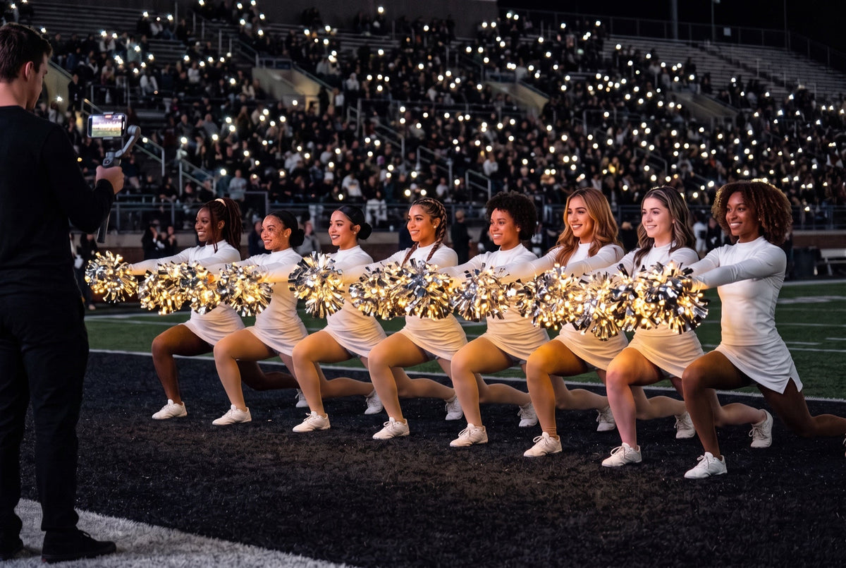 Dance team recruitment video moment: eight dancers in white kneel with glowing LED pom poms on a dark night sideline