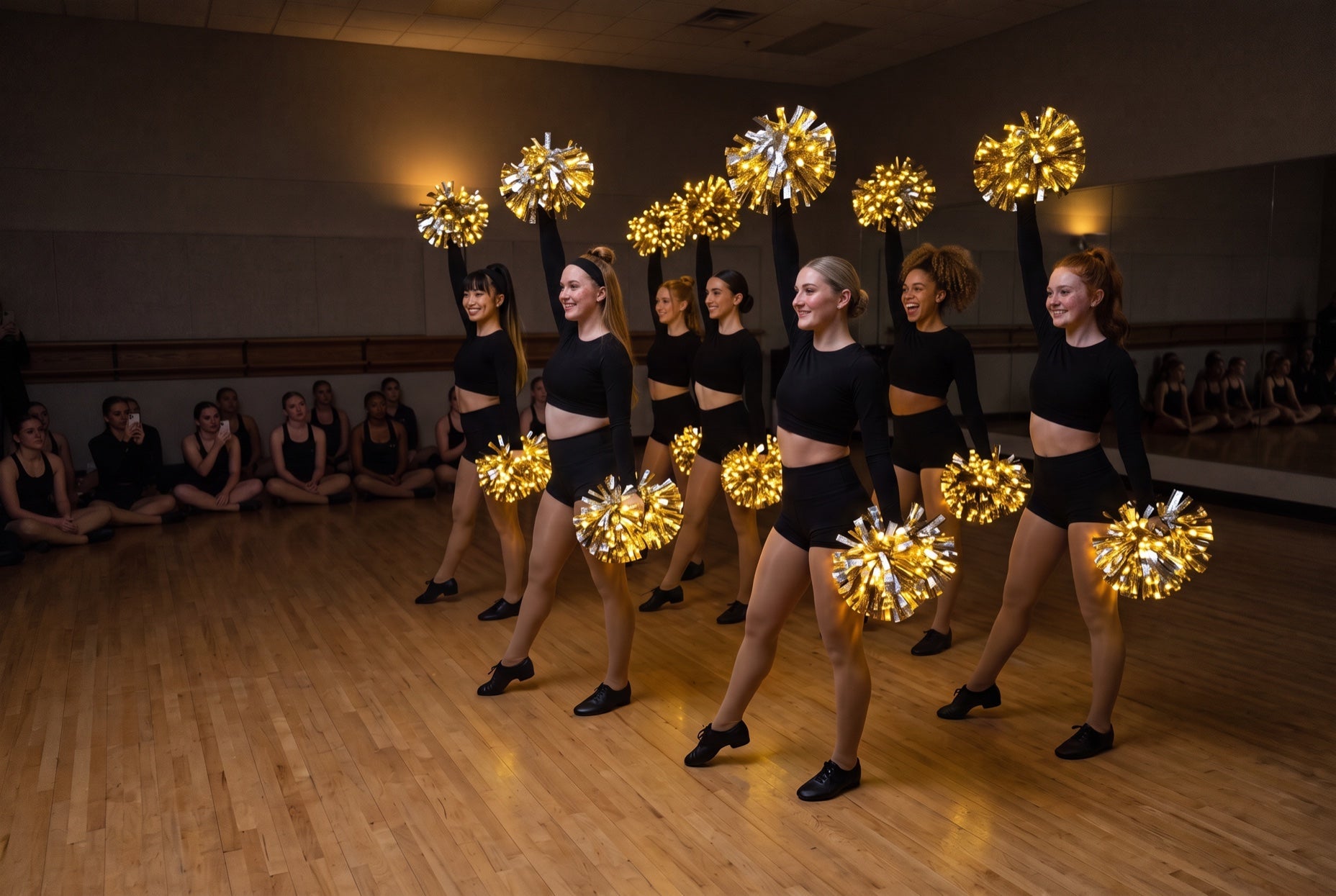 Pom routine practice: college dancers in black with gold LED pom poms in a dark studio as adult clinic attendees watch