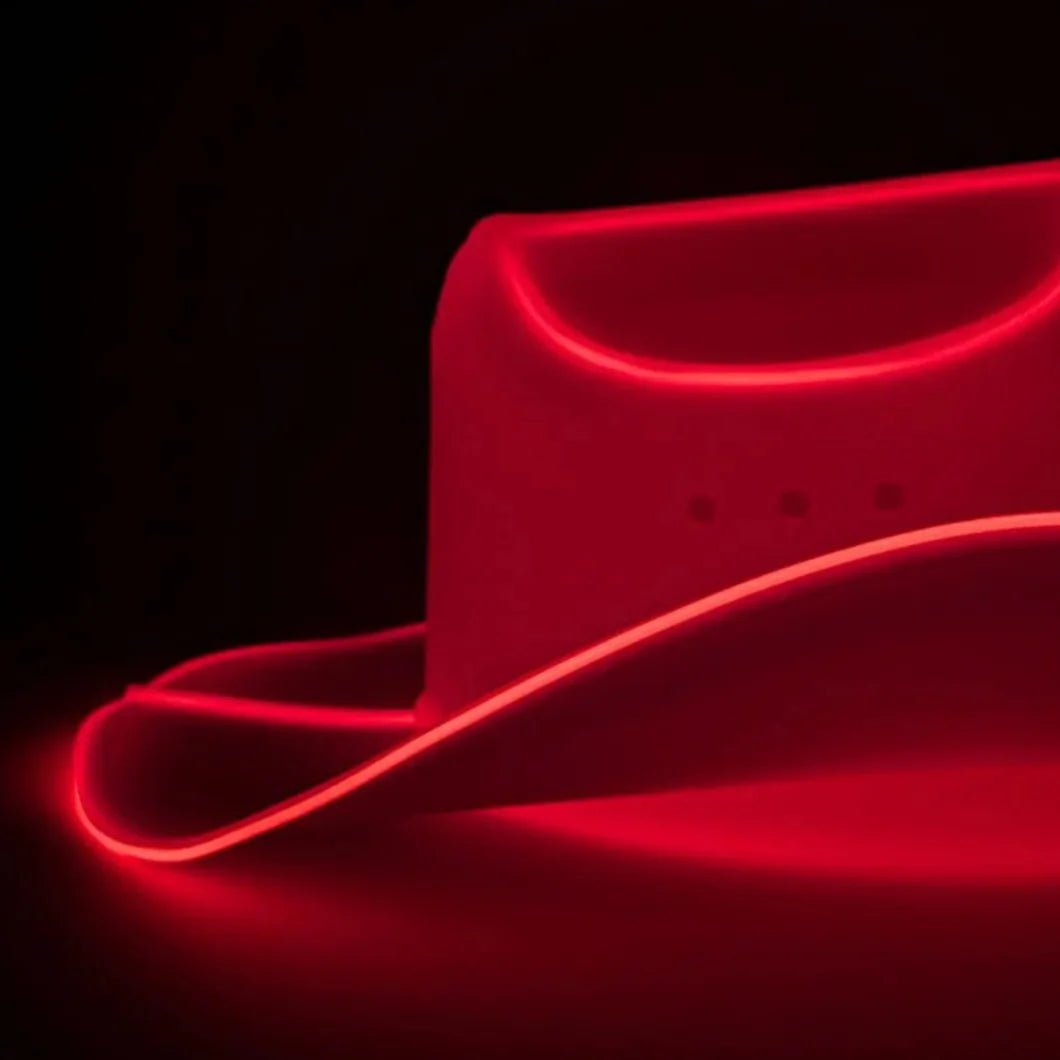 Red Light Up Neon Cowboys Hat - Glowing LED Cowboy Hat Side - Popular Western Party Wear for Ranch Barn Weddings in Nashville