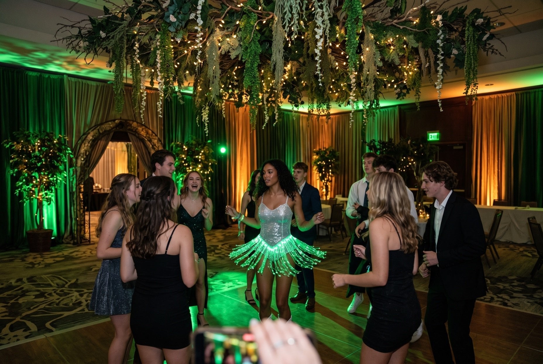Light up LED fringe dress glowing emerald at an enchanted forest themed dance under a lit greenery canopy