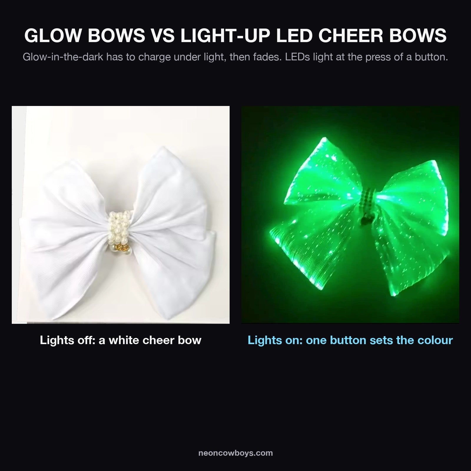Glow bows vs light-up LED cheer bows: a white cheer bow with the lights off next to an LED cheer bow glowing green