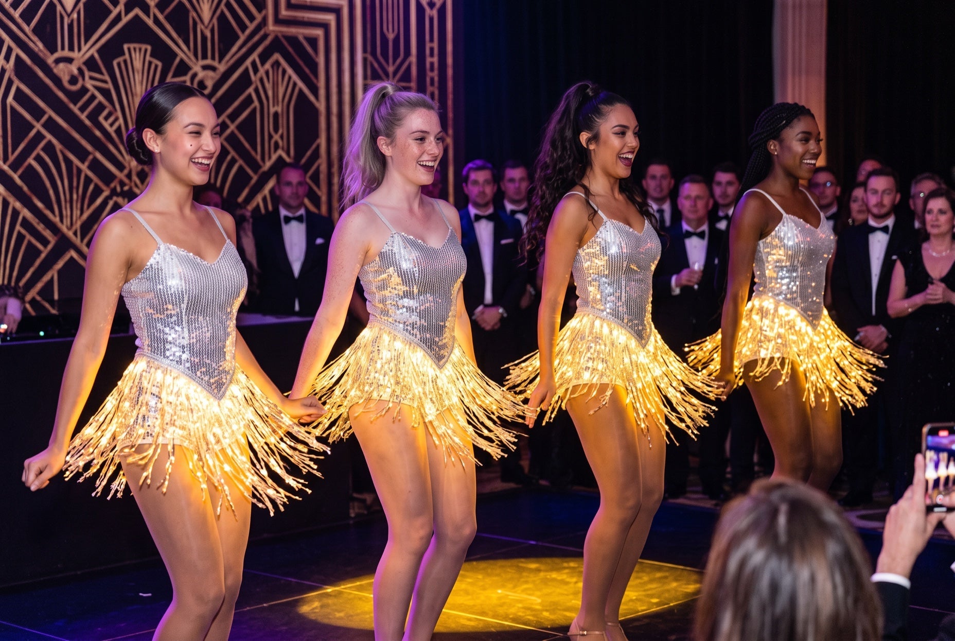 Light up LED fringe dresses glowing gold on a dance team at a Great Gatsby themed formal