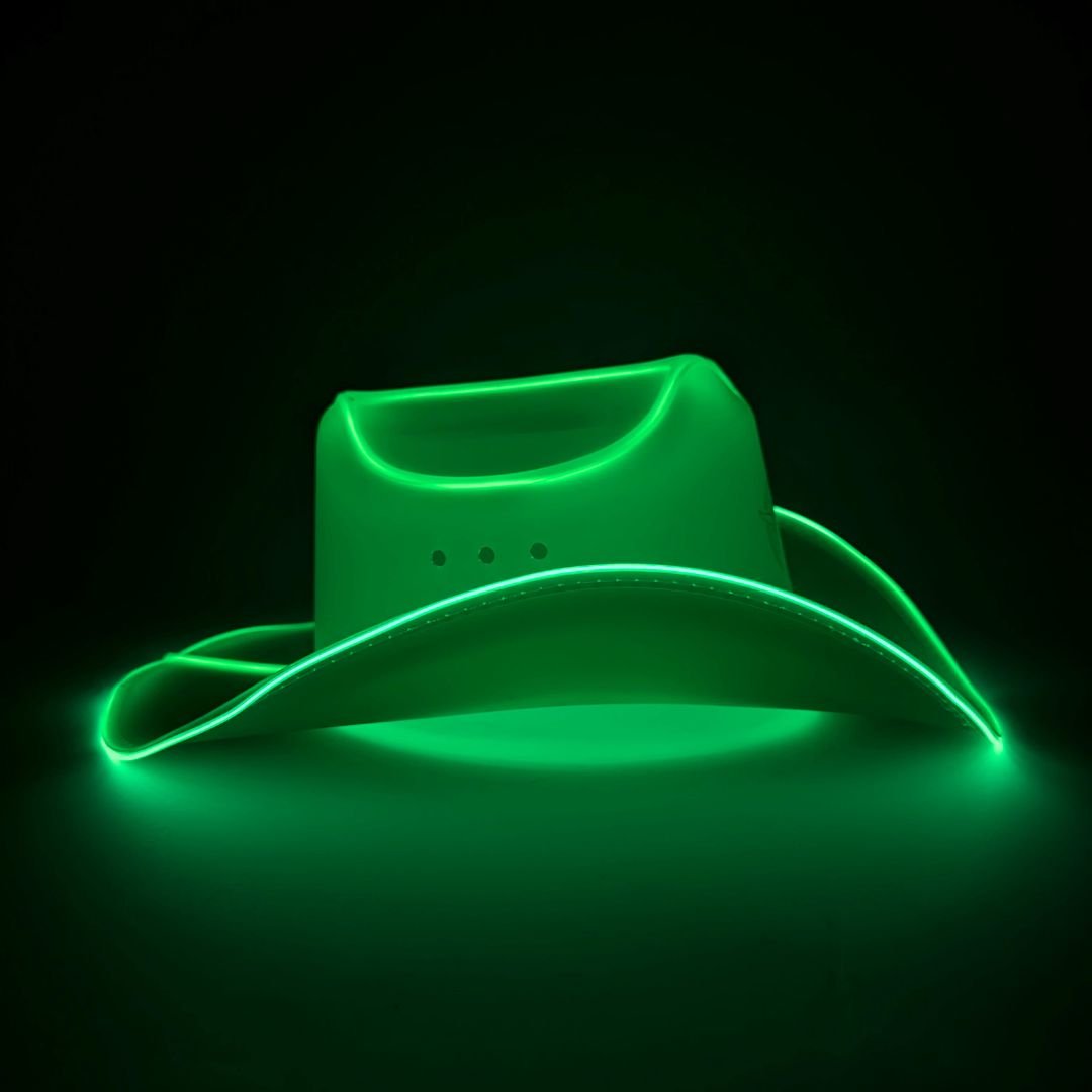 Green cowboy hat with LED lights glowing ideal for 420 marijuana festivals cannabis celebrations and western costume party fashion