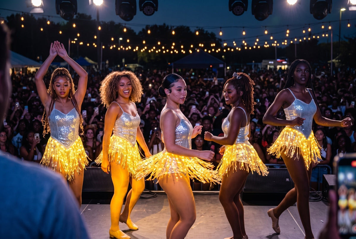 Light up LED fringe dresses glowing gold on a college dance line at an HBCU homecoming concert