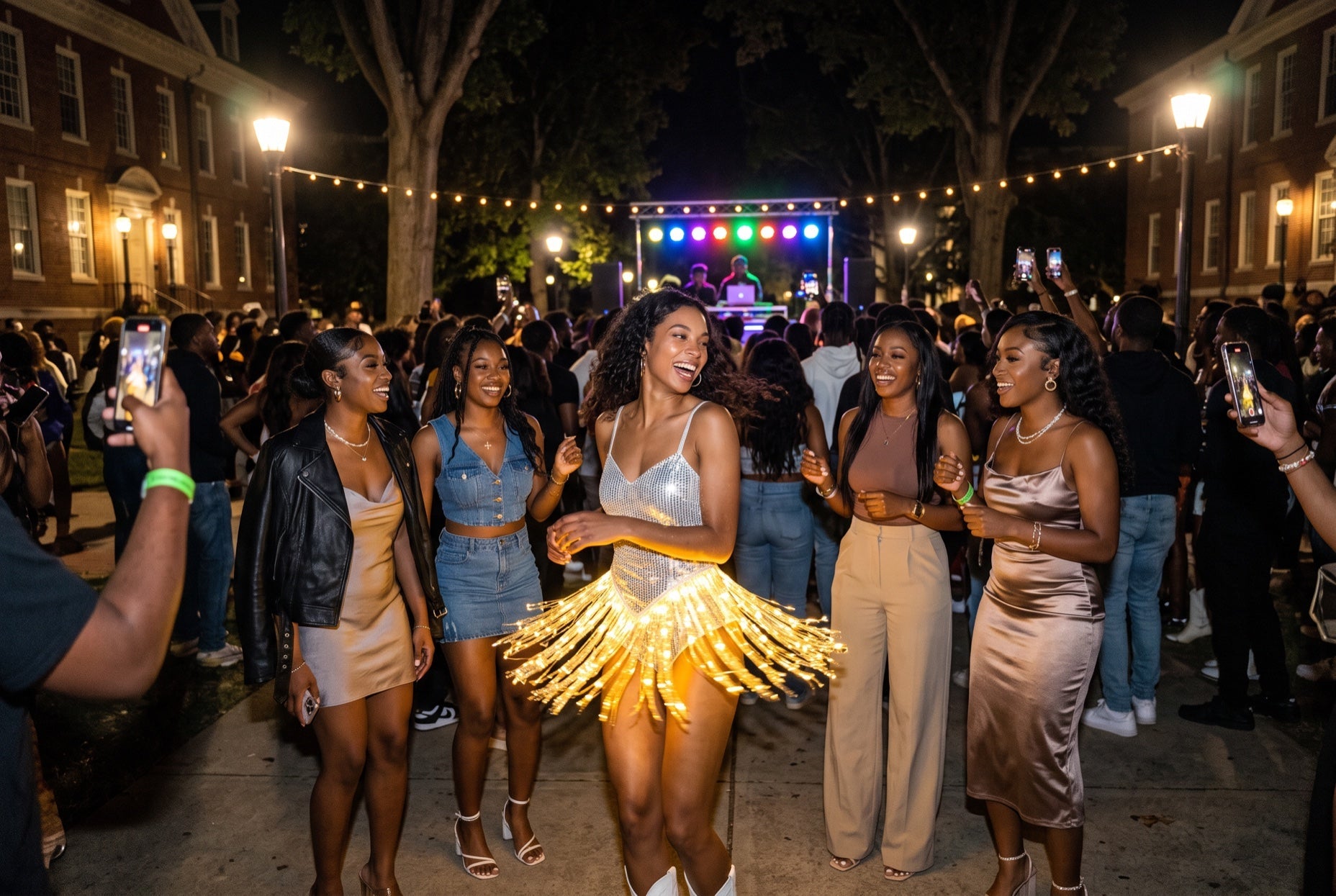 Light up LED fringe dress glowing gold at an HBCU homecoming night party on the yard
