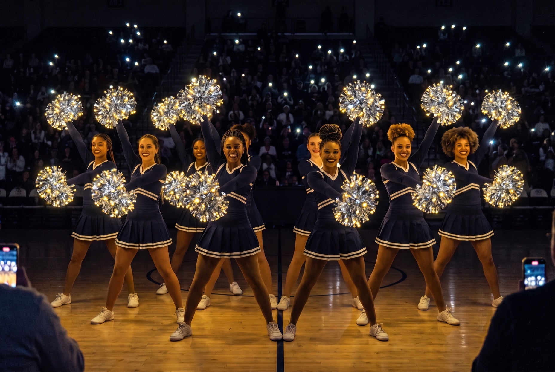 Dance team clinic showcase: nine dancers in navy wave silver LED pom poms lit gold in a dark arena as fans hold up phones