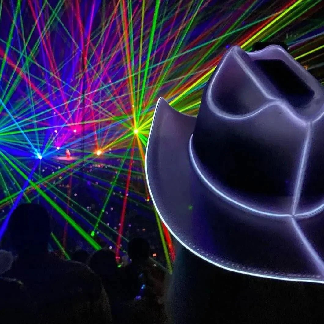 Blue Purple White Light Up Neon Cowboys Hat - Fun Vibrant LED Cowboy Hat for EDM Festivals, Raves, Concerts and Dance Parties