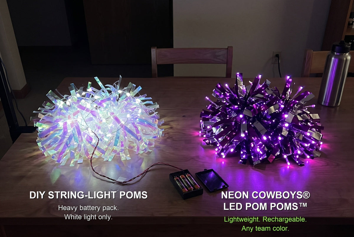 Light up LED pom pom glowing purple beside a DIY iridescent pom with an open AAA battery pack