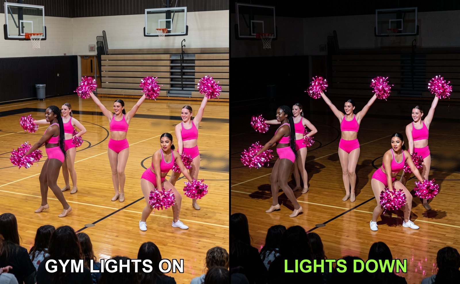 Light up LED dance poms with gym lights on then down ahead of competition season