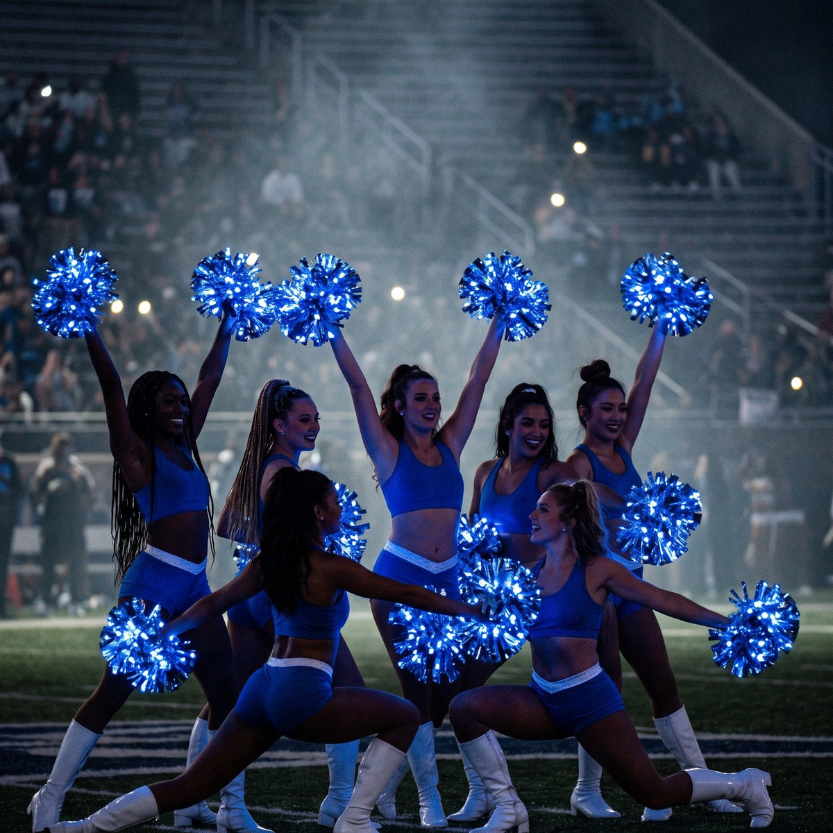 College dance team night-game routine with blue light-up pom poms raised through the stadium haze