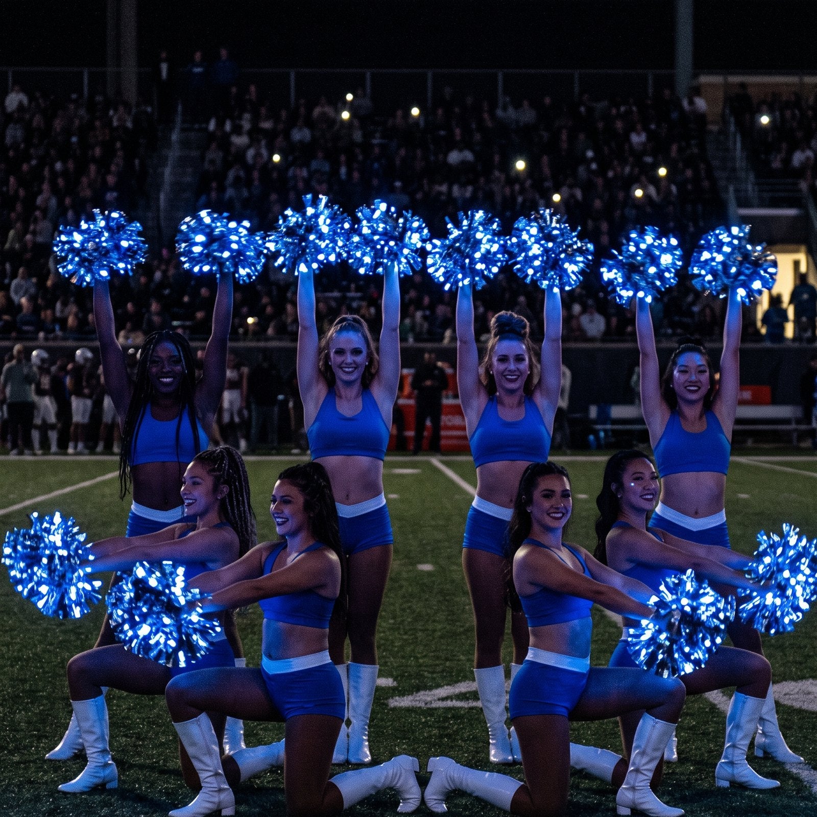 Dance team halftime show with blue LED pom poms lit up on a dark football field at night